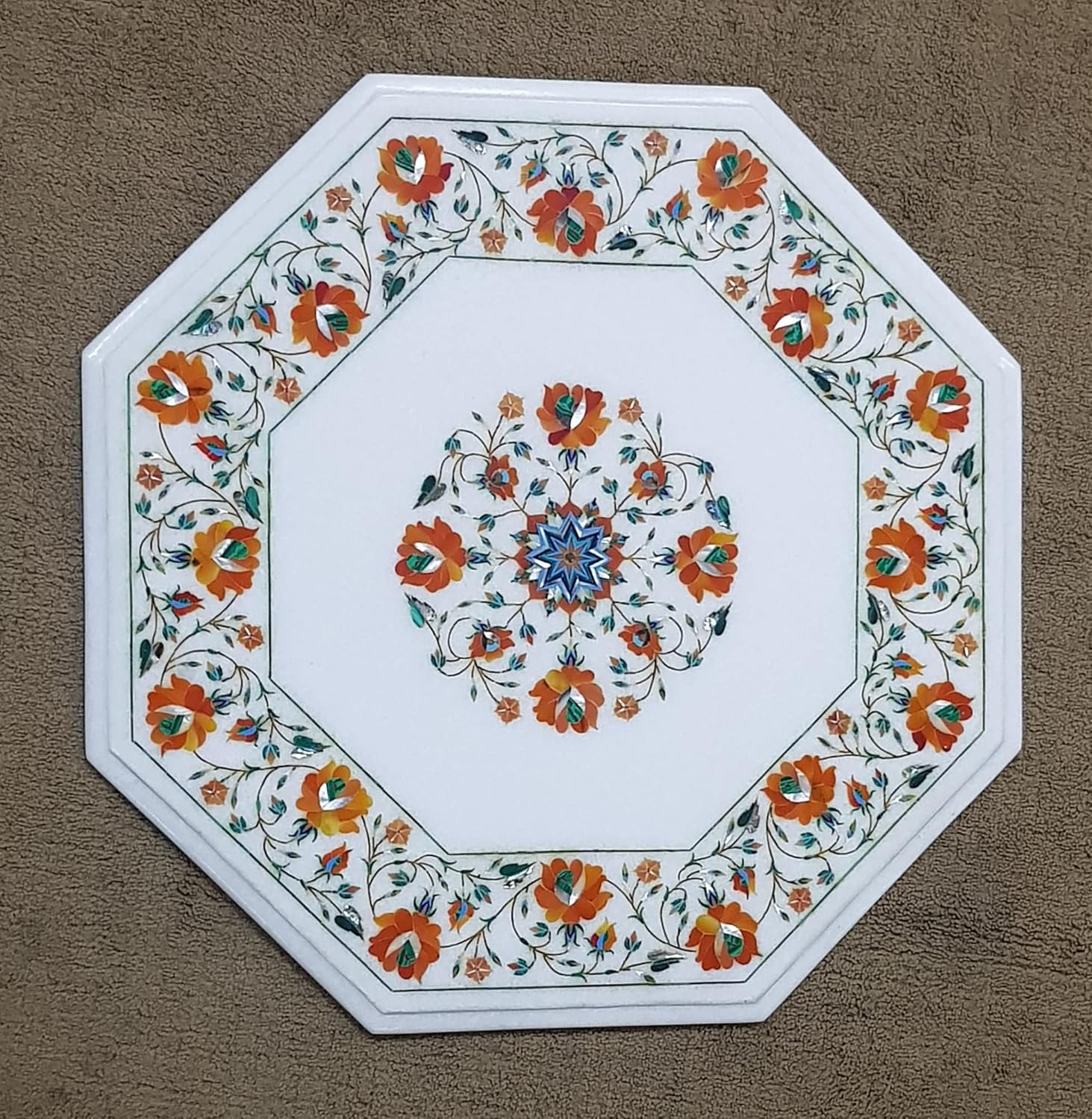 Octagonal White Marble with Coral Inlays